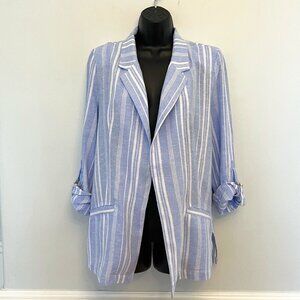 Ellen Tracy Blue & White Striped Linen Blend Blazer, Size Small